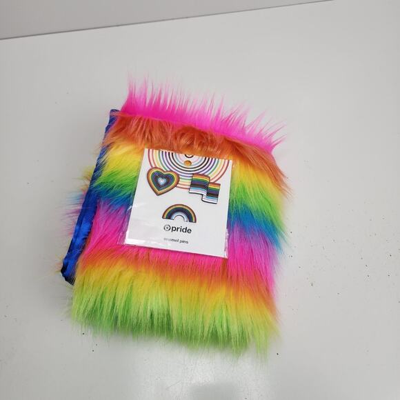 Target Pride LGBTQ+ Rainbow Faux Fur Festival Wrap Scarf & Enamel Pins NEW - Picture 6 of 6